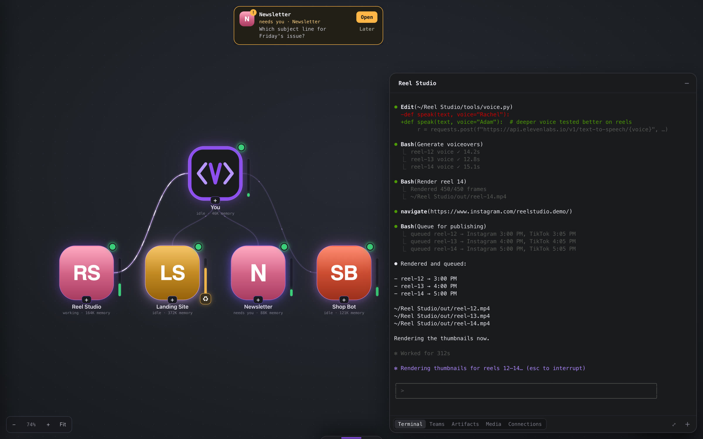 Vizcoder: project squares on a dark canvas, with one project's Claude Code terminal open on the right showing a code edit, commands and their output.